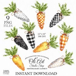 Carrots. Easter Clip Art. Patterned Plaid. Cute Characters, Hand Drawn graphics. Digital Download. OliArtStudioShop