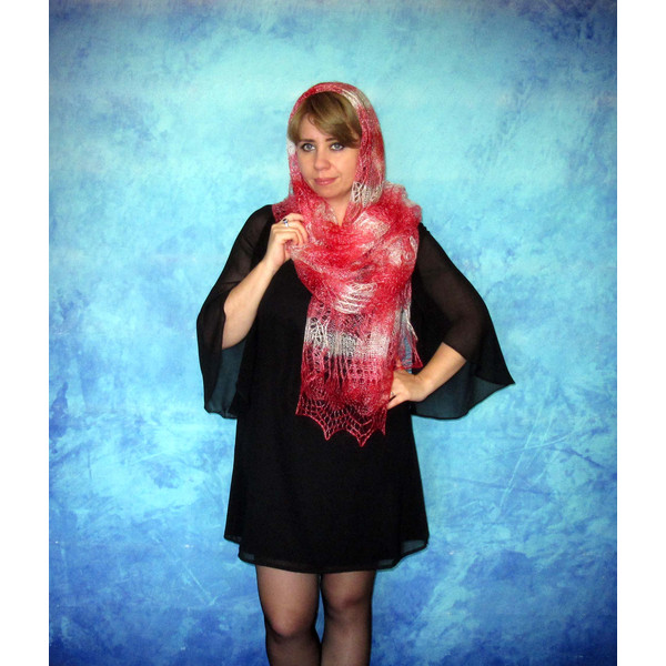 Bright red hand-knitted scarf, Handmade Russian Orenburg shawl, Goat wool cover up, Warm shoulder wrap, Lace pashmina, Kerchief, Stole, Cape, Gift for a woman 5