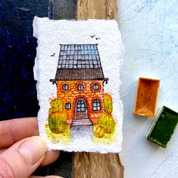 Fall painting House Original art Mini watercolor Cottage artwork 2x3 by Rubinova