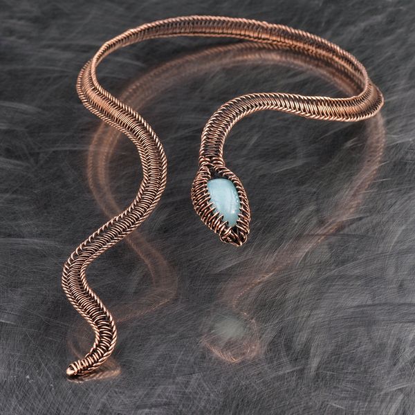 Snake necklace with natural aquamarine Wire wrapped art fest - Inspire  Uplift