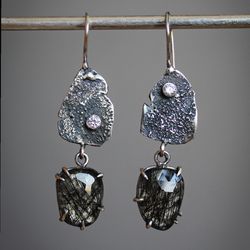 Tourmaline quartz silver earrings, Rutile quartz earrings, Statement unique earrings, Gift for women