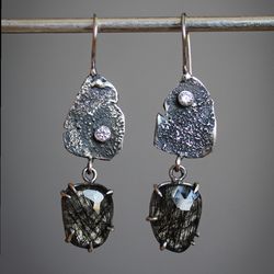 tourmaline quartz silver earrings, rutile quartz earrings, statement unique earrings, gift for women