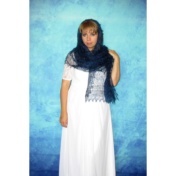 Hand knit dark navy blue scarf, Handmade Russian Orenburg shawl, Goat wool cover up, Lace pashmina, Kerchief, Stole, Tippet, Warm wrap, Cape 6.JPG