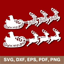 Santa with sleigh svg, christmas deers svg, christmas sleigh svg, santa with sleigh and reindeer svg, christmas deer png
