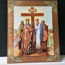 The Elevation of the Holy Cross | Large XLG Silver and Gold foiled icon on wood | Size: 15 7/8" x 13 1/8"