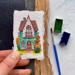 House painting Mini Original art Small watercolor Miniature artwork 2x3 by Rubinova