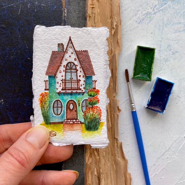 Mini Original Drawing House painting Mini Original art Small watercolor Miniature - Inspire ...
