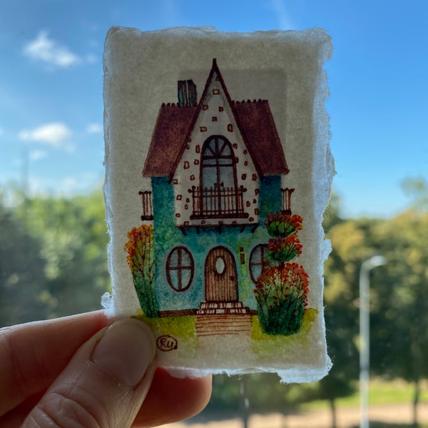 Mini Original Drawing House painting Mini Original art Small watercolor Miniature - Inspire ...