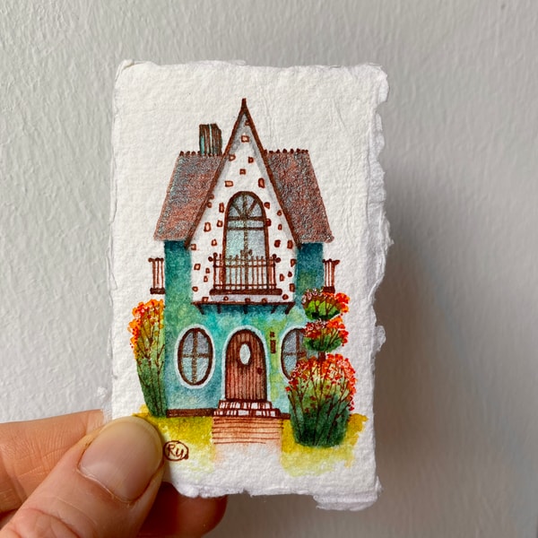 Mini Original Drawing House painting Mini Original art Small watercolor Miniature - Inspire ...