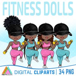 Fitness Girl Clipart Bundle - African American Sport Girl Clipart, Gym Day, Afro Dolls, Workout Trainers Clip Art, Pink