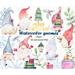 Watercolor gnomes clipart, merry christmas.
