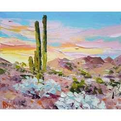 Joshua tree desert original oil painting Southwest landscape art Cactus artwork 8"x10"