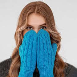 Hand knitted blue mittens. Handmade.