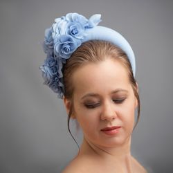 Dusty blue wedding guest headband hat, baby blue fascinator hat for women, floral headpiece for wedding