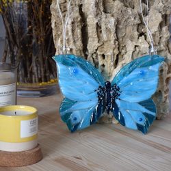 Glass blue butterfly suncatcher for window or garden - Fused glass sun catcher