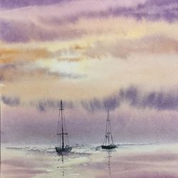 Sailboat  Seescape  See Painting Watercolor Original Artwork  Sunset  Painting  by Nadia Hope