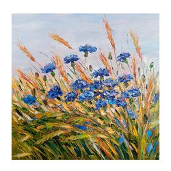 Cornflower Oil Painting Flower Original Art  Canvas Floral Impasto Flowers Artwork Flower