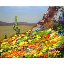 Saguaro Painting Arizona Original Art Desert Landscape Oil Painting Wildflower Impasto Small Painting 8" by 10"
