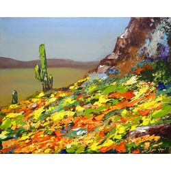 saguaro painting arizona original art desert landscape oil painting wildflower impasto small painting 8" by 10"
