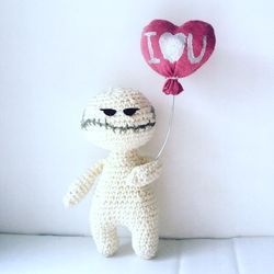 Crocheted Zombie Doll with Balloon - I Love You, spooky zombie, zombie plush