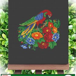 Cross stitch pattern Bird and flowers  - Vintage Cross Stitch Scheme Red parrot