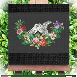 Cross stitch pattern Bird and flowers  - Vintage Cross Stitch Scheme Two pigeons