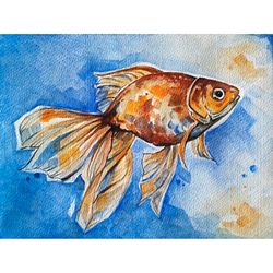 Goldfish painting small fish hand painted original art 8 by 6 inches watercolor artwork Pisces wall art by AlyonArt