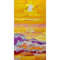 Original Oil Painting The Golden Sunset Above The Sea Art On Cardboard Wallart 12x6.5 inches