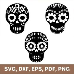 sugar skull svg, floral skull template, skull dxf, day of the dead svg, dia de los muertos svg, skull png, svg, dxf, pdf