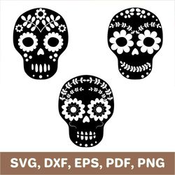 Sugar skull svg, floral skull template, skull dxf, day of the dead svg, dia de los muertos svg, skull png, SVG, DXF, PDF