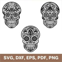 Sugar skull svg, floral skull template, skull dxf, day of the dead svg, dia de los muertos svg, skull png, SVG, DXF, PDF