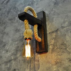 Wall sconce Wood lamp with rope Rustic lighting Wooden pendant industrial light fixture Housewarming gift Modern lamp
