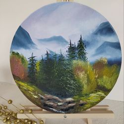 Mountains Painting Oil Round Painting Foggy Morning Autumn Landscape Original Art Wall art 16" by 16" by KArtYulia
