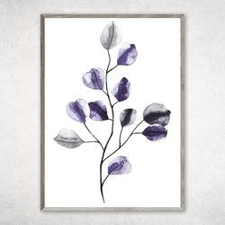 Eucalyptus Leaves Prints, Modern Purple Watercolor Botanical Art Poster, Botanical poster Digital Download