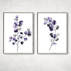 Set of 2 Botanical Print Set, Plant Posters, Greenery Prints, Leaf Prints, Modern Purple Watercolor Botanical Art Poster