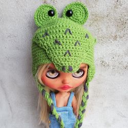 Blythe hat crochet green Crocodile for custom blythe monster halloween outfit doll fashion clothes blythe accessories