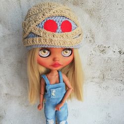 Blythe hat crochet beige Mummy Zombie for custom blythe halloween outfit doll fashion clothes blythe accessories