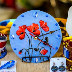Unique wall clock with red poppies - Clock for wall - Round silent wall clocks