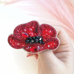 Poppy brooch, Flower brooch, Red brooch, Embroidery brooch, Beaded flower pin, Handmade brooch, Red flower