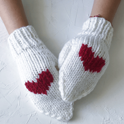 Christmas mittens with hearts for gift Fingerless gloves Knitted White gloves red hearts Warm cute mittens for Xmas gift