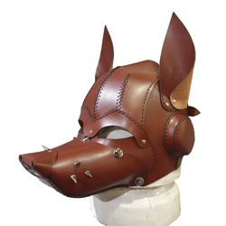 Leather Dog Mask Hood Brown