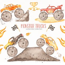 Monster trucks watercolor clipart. Digital watercolor, PNG