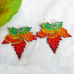 Large maple leaf earrings, Fall earrings, Autumn jewelry, Painted earrings, Thanksgiving earrings, Leather leaf earrings