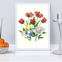 poster bouquet with tulips, iris and peony, flowers for gift