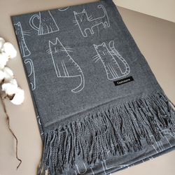 Long dark gray scarf with cat motif