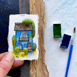 Blue house painting Mini Original art Little watercolor Miniature wall art 2x3 by Rubinova