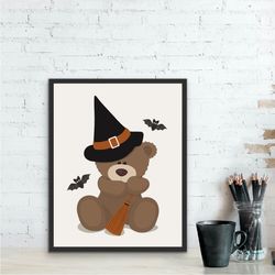 Cute teddy bear wearing witch hat, digital download, halloween decor for children room