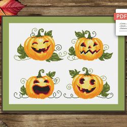 Set of 4 Pumpkins Cross Stitch Pattern, Halloween Cross Stitch Pattern, Pumpkin Cross Stitch Pattern