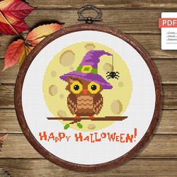 Happy Halloween Cross Stitch Pattern, Halloween Cross Stitch Pattern, Owl Cross Stitch Pattern, Halloweens  Owl