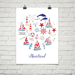 Nautical Poster for Interior with Boat, Yachts, Sea and Dolphins